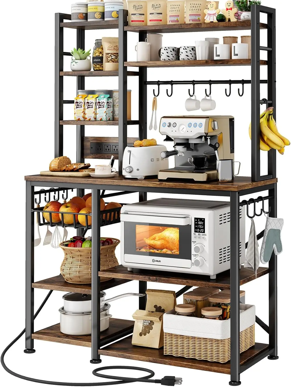 

Microwave Stand with Power Outlets, Large Kitchen Shelf Rack with Storage and Hooks in Rustic Brown