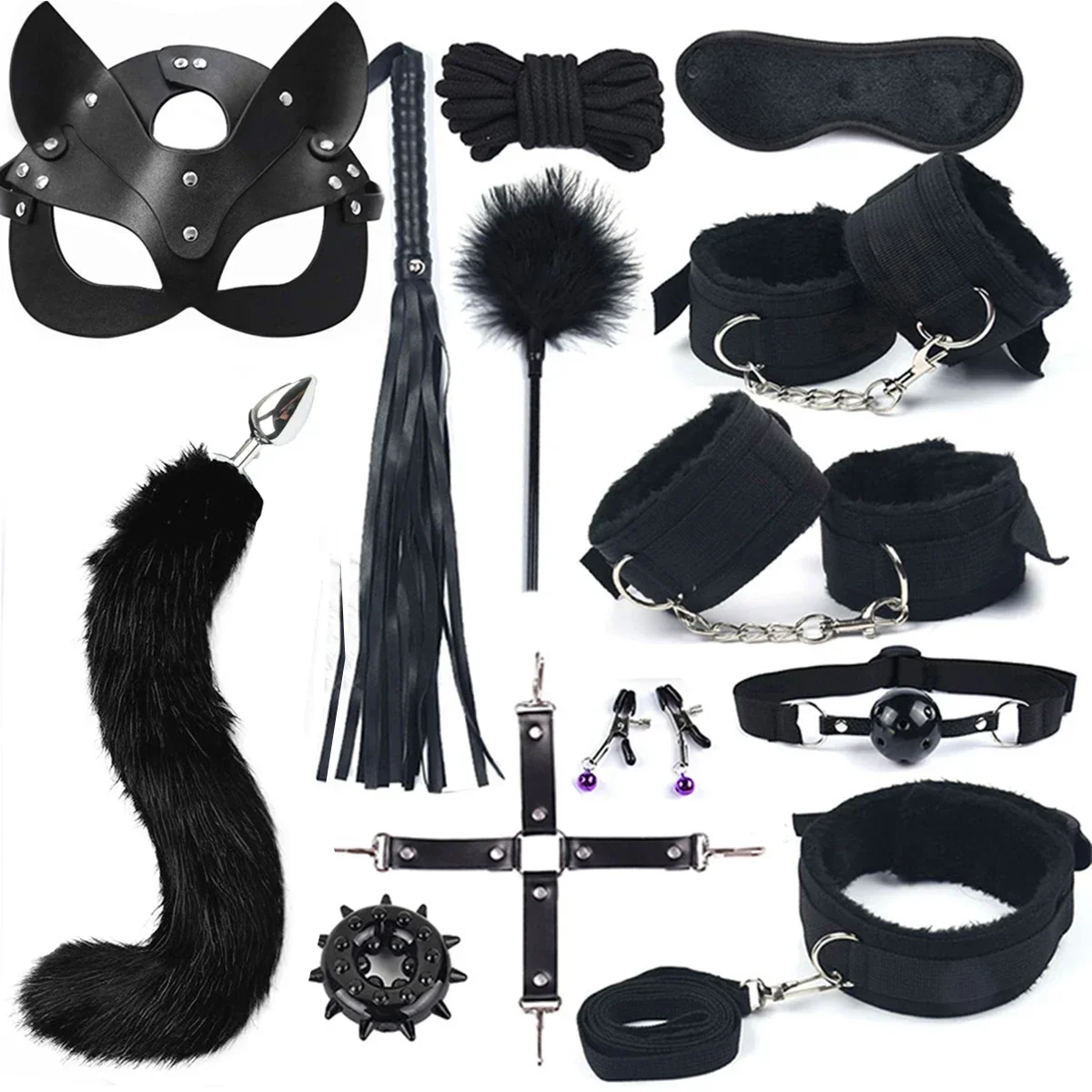 13 قطعة مجموعة الذئب الأسود لعبة الجنس زوجين لعبة الجنس أصفاد جلدية سوط الحلمة كليب الذيل المكونات الشرج زوجين لعبة #2