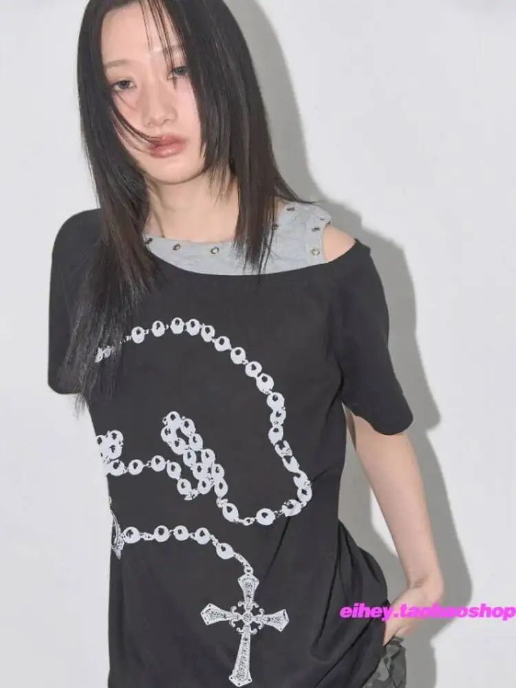 

BabYoung Новая модная персонализированная футболка на молнии с принтом и половиной рукава, сексуальные топы Spice Girls, свободные рубашки с косым воротником и открытыми плечами