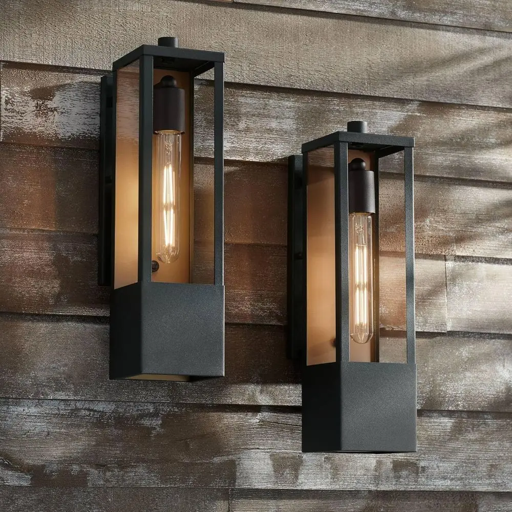 

Outdoor Wall Light Set of 2, Textured Black Gold Metal, 16 Clear Glass Panels, Suitable for Post, Exterior, Barn, Deck, House, Y