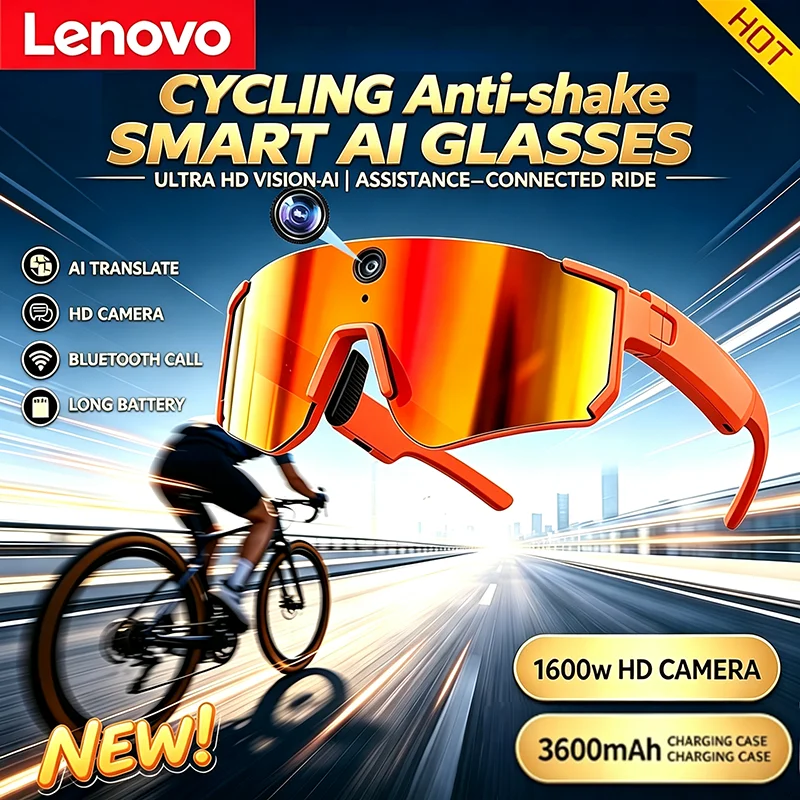 Lenovo 1600w Photo ChatGPT AI Smart Camera Glasses 1080P Video 32GB Anti-shake Cycling Sport Sunglasses DualMic Windproof Goggle