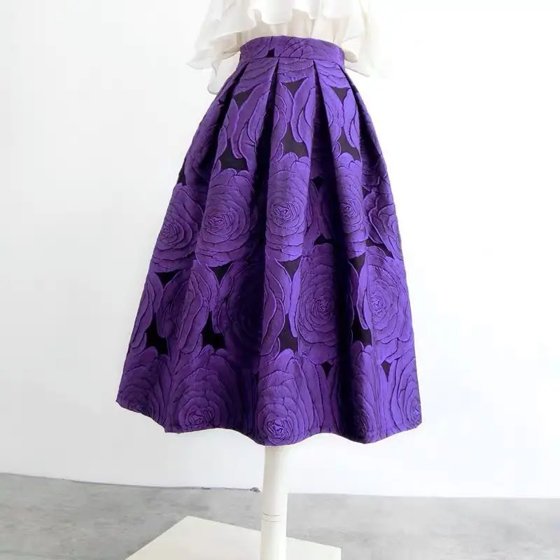 3D Embroidered Rose High Waist Women's Skirt Summer Puff Skirt Purple Mid length Skirt Covering Cross Retro French Style