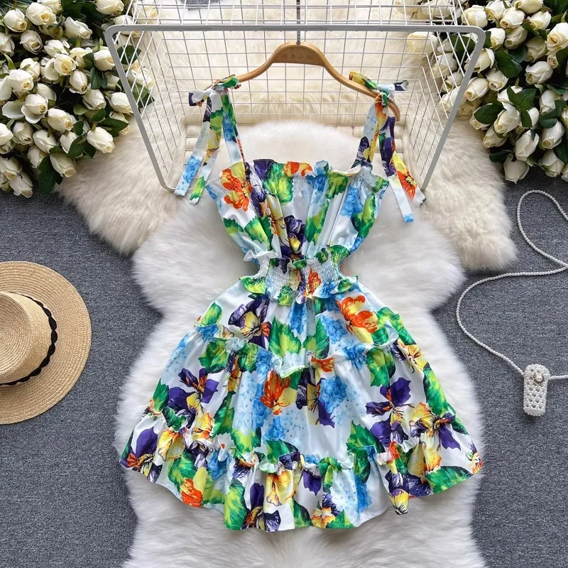 Ropa Mujer Boho Floral Print Cami Dress Women Tie Shoulder Ruffle Hem Mini Dress Casual Beach Vacation Dress