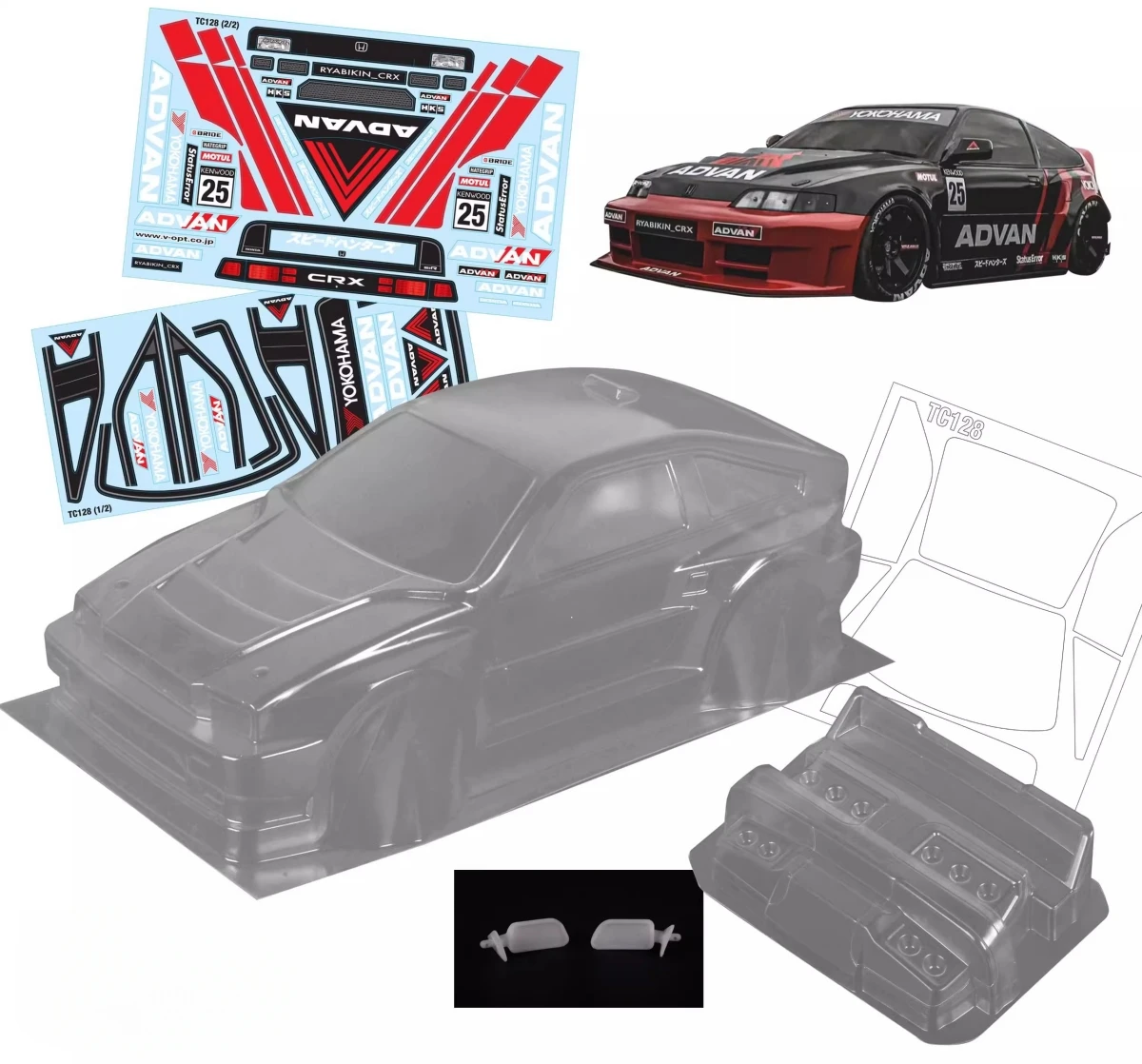 TC128 1/10 Hoda CRX Clear RC Car body shell (190mm Width) for Tamiya Chassis TT01 TT02 Kyosho Yokomo Hsp (257mm Wheelbase)