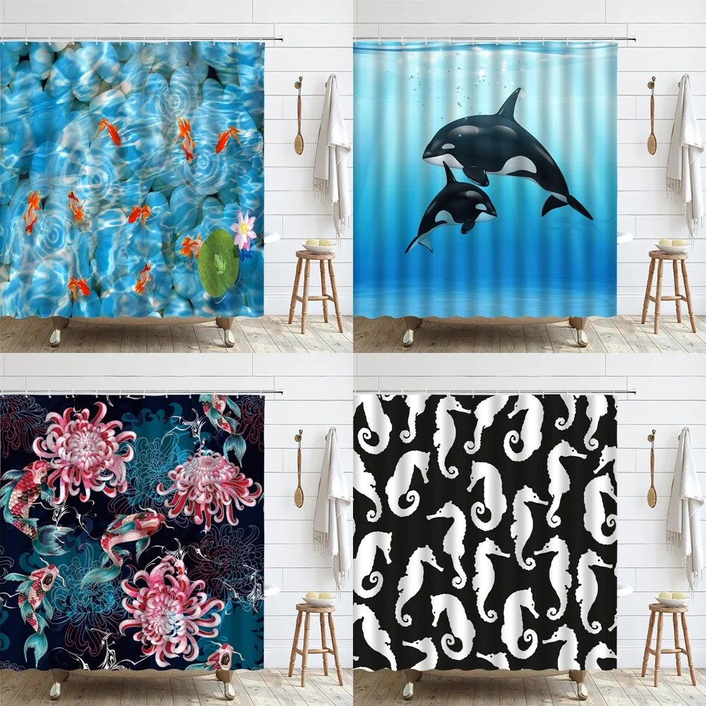 

Koi Fish Shower Curtain Ocean Sea Marine Life Seahorse Lotus Flower Whale Fabric Bathroom Decor Curtains Screen Sets with Hooks