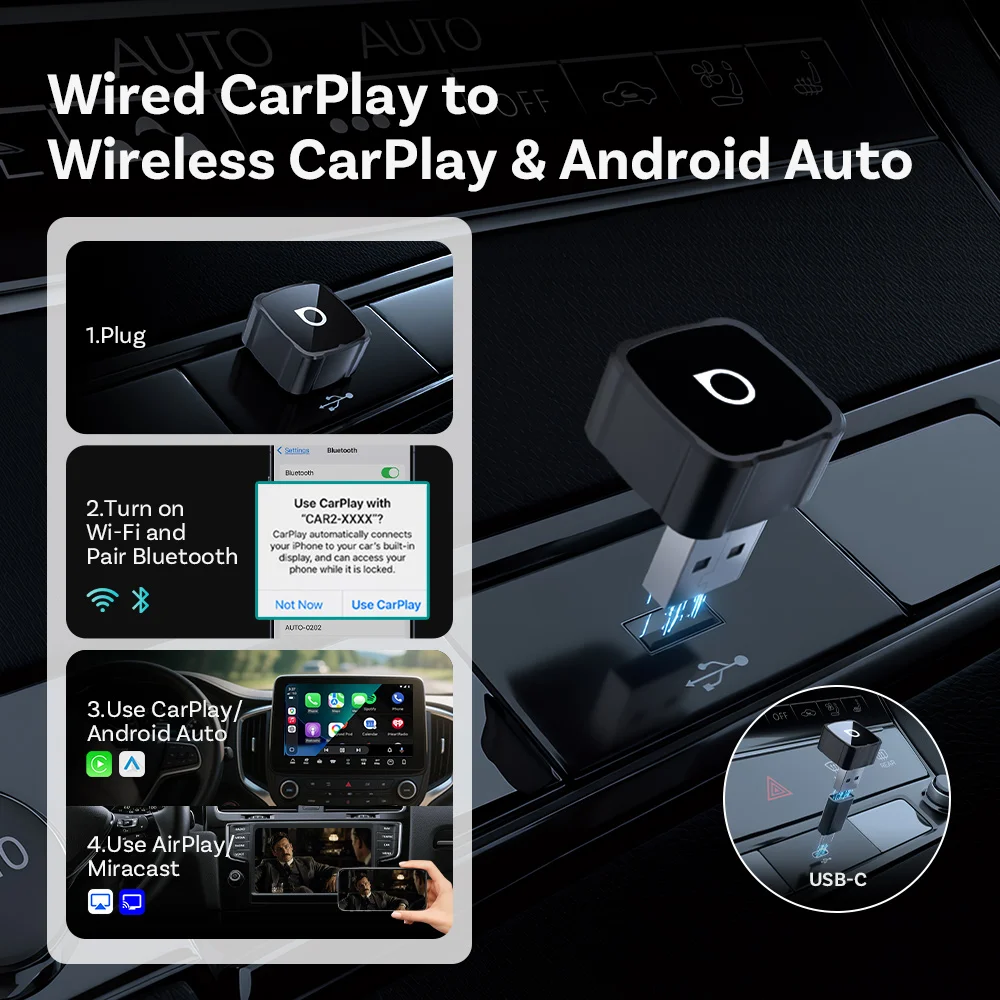 Ottocast 4-in-1 Mini Air Pro CarPlay Wireless Android Auto Adapter Video-Spiegelung Youtube Spiegel-Dongle für Airplay Miracast – Detail 6