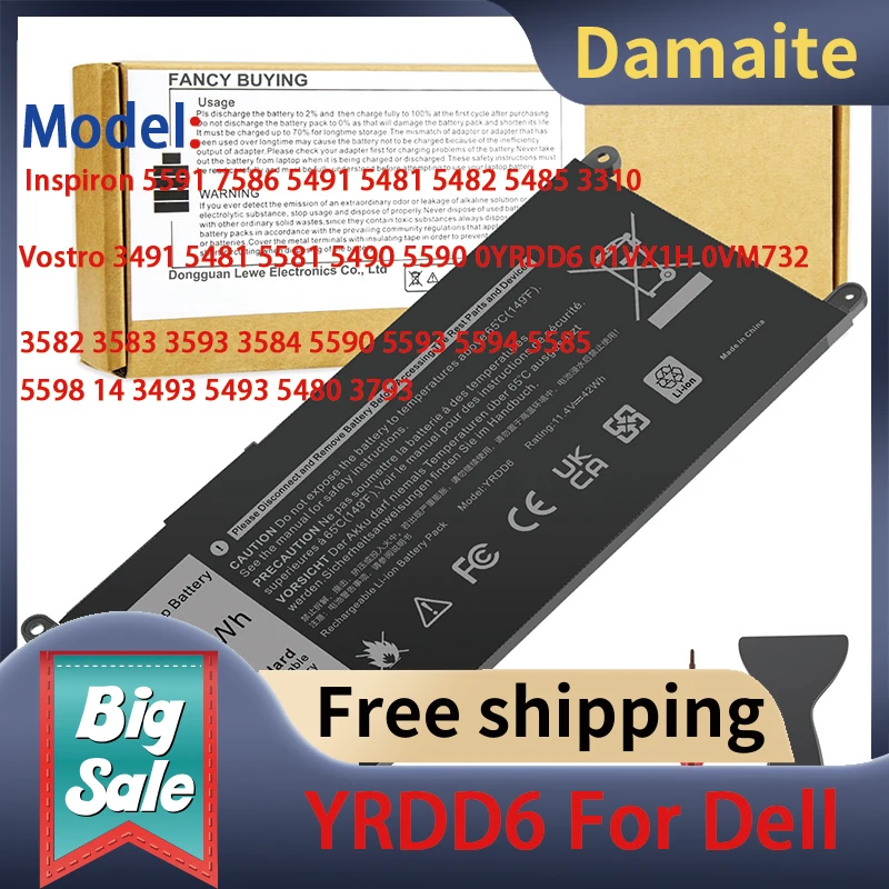 

Damaite 42Wh YRDD6 Laptop Battery For inspiron 15 3000 Series 3583 3593 3582 3584 3501 inspiron 15 5000 Vostro 5481 1VX1H P93G