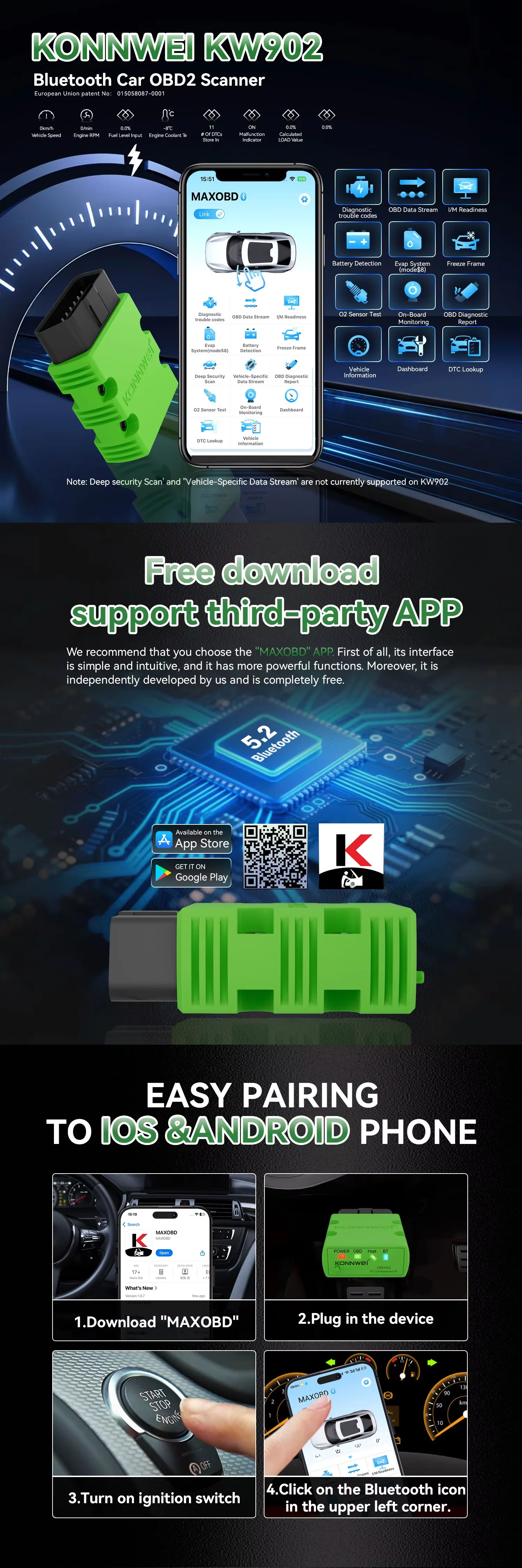 KONNWEI KW902 Bluetooth 5.2 ELM327 V1.5 OBD2 Auto-Scanner Codeleser OBDII Auto-Diagnosegerät für Android/iOS – Detail 1