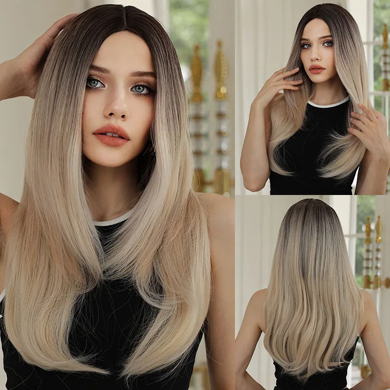 

Европейские и американские парики для женщин с постепенным переходом от светлых к темным оттенкам, длинные прямые волосы, высококачественные, из химического волокна, на всю голову.