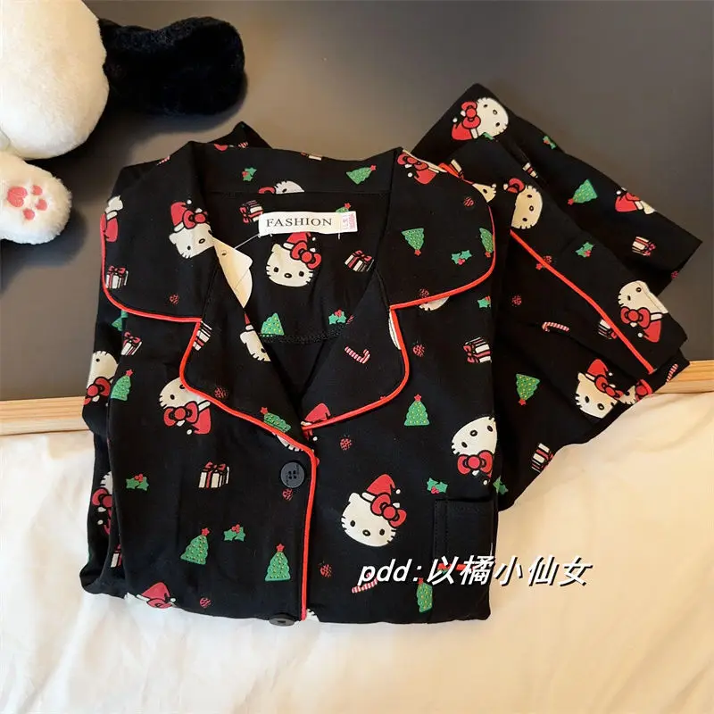 Cute Christmas Hello Kitty Sleepwear Set Female Spring/Autumn Long Sleeve Tops and Pants Loose Outerwear Home Pajama Clothes Set