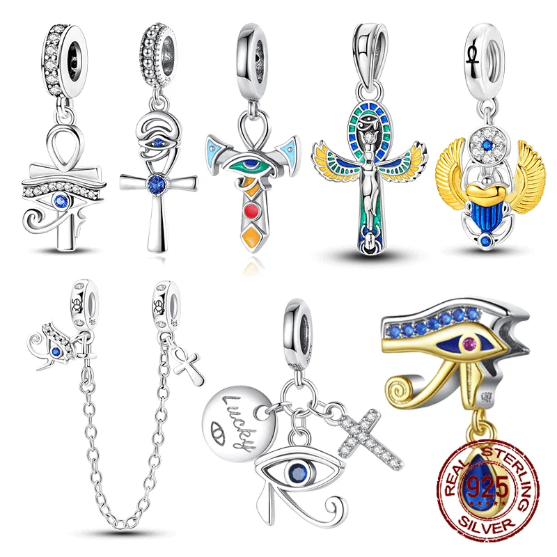 

925 Sterling Silver Egyptian Symbol Amulet Pendant Ankh Eye of Horus Charm Fit Original Charms Bracelet Women DIY Jewelry Gift