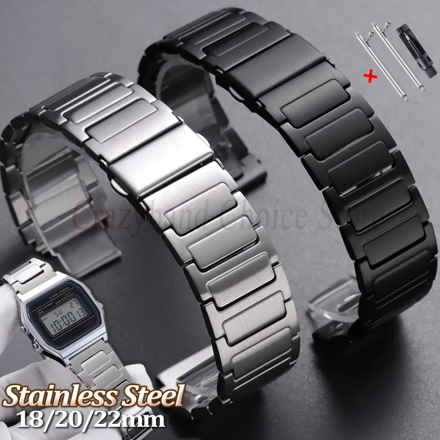 18mm 20mm 22mm Stainless Steel Watch Band for Casio for Timex for Seiko Universal Metal Folding Buckle Straps Men Business Style