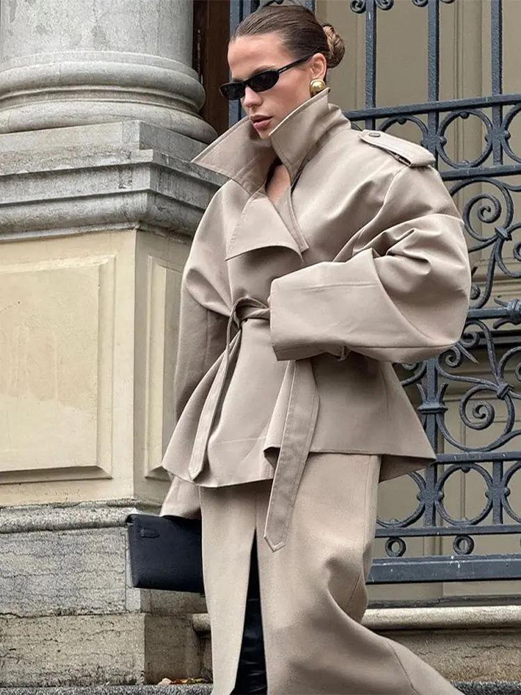 Turn-down Collar Khaki Women's Jacket Long Sleeve Pockets Double Breasted Loose 2026 Autumn High Street Fashion Casual Coat