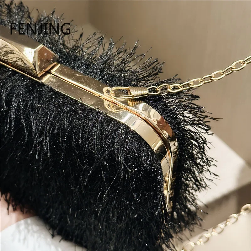 Cute Fluffy Women Tassel Feather Handbag Evening Clutch Bag for Prom Banquet Clutches Metal Chain Crossbody Messenger Purse Prom