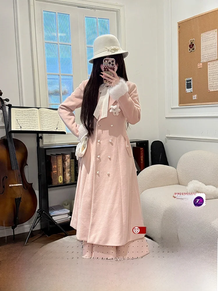 

Velvet Fabric Pig Thiened Long Woolen Coat Women's Winter Faion Sweet Princ Sle Pink Color Outerwear with Long Sves