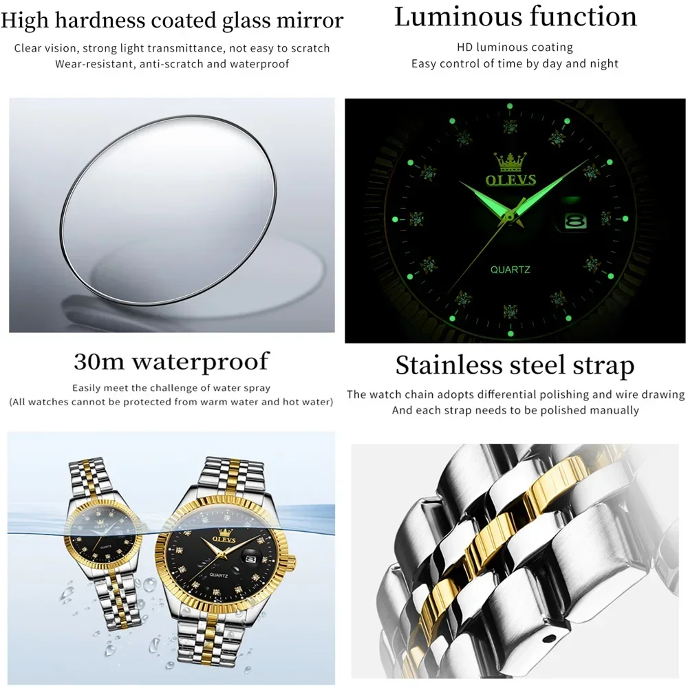 Olevs relógios femininos de luxo diamante incrustação relógio de pulso masculino relógios de aço inoxidável relógio luminoso para casal relojes de pareja