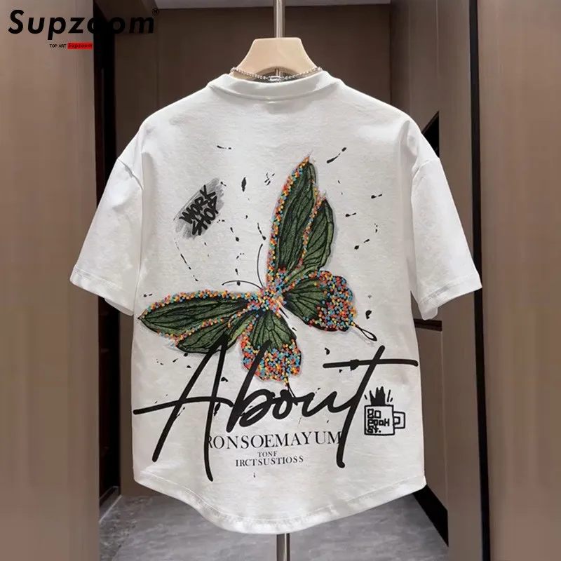 Supzoom New Arrival Summer Top Fashion Printed Butterfly Short O-neck Casual Hip Hop Heavy Texture Cotton Ins Loose Men Tshirt