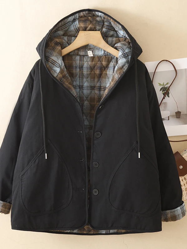 Casual Style Hooded Cotton Jacket Women's Short Outerwear Warmth Insulation Fashion Simple Design Button Pocket Detail