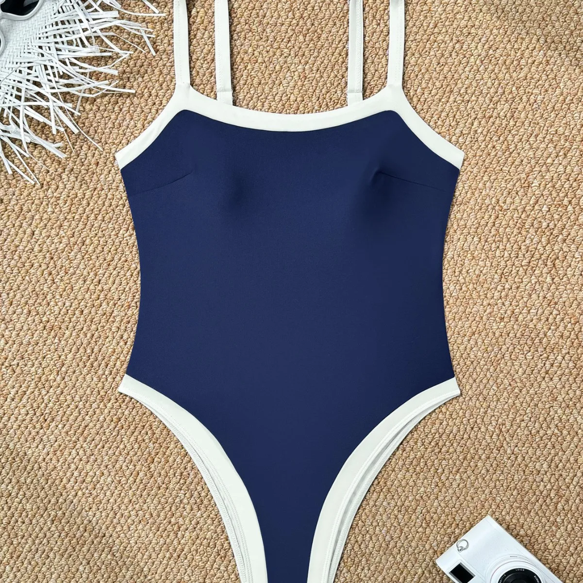 New Classic Navy One Piece Swimsuit Women White Trim Thin Strap High Cut Slim Monokini Tummy Control Beach Bathing Suit Swimwear