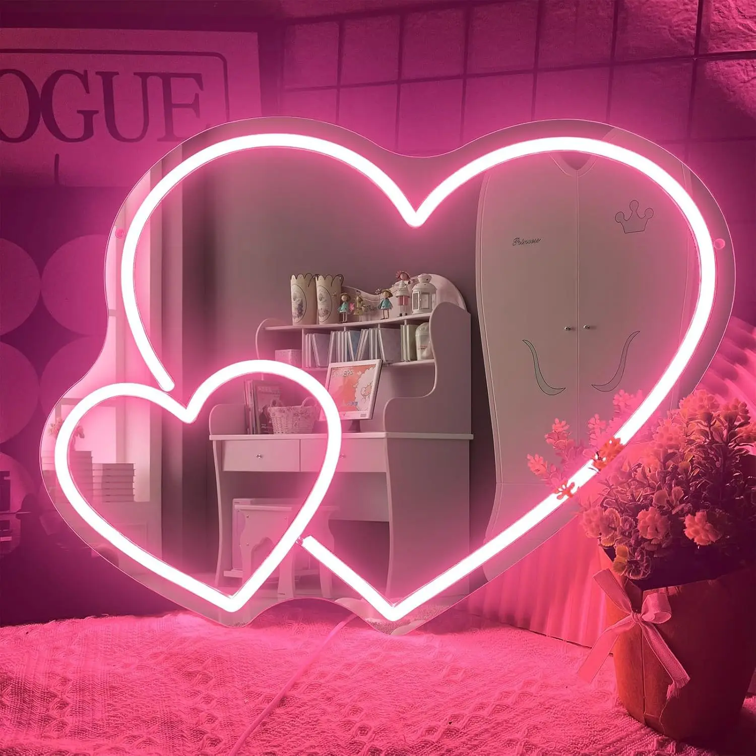 Neon Light Bear Makeup Mirror, Cartoon Anime Acrylic Wave LED Mirror for Bedroom Bathroom Bar Party Gift Customizable