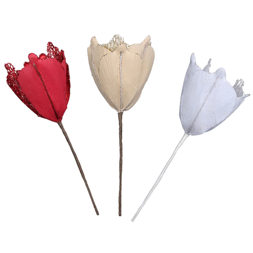 

3 Pcs Christmas Decoration Artificial Flowers Faux Poinsettia Gold Red White Xmas Tree Accessories Home Holiday Theme
