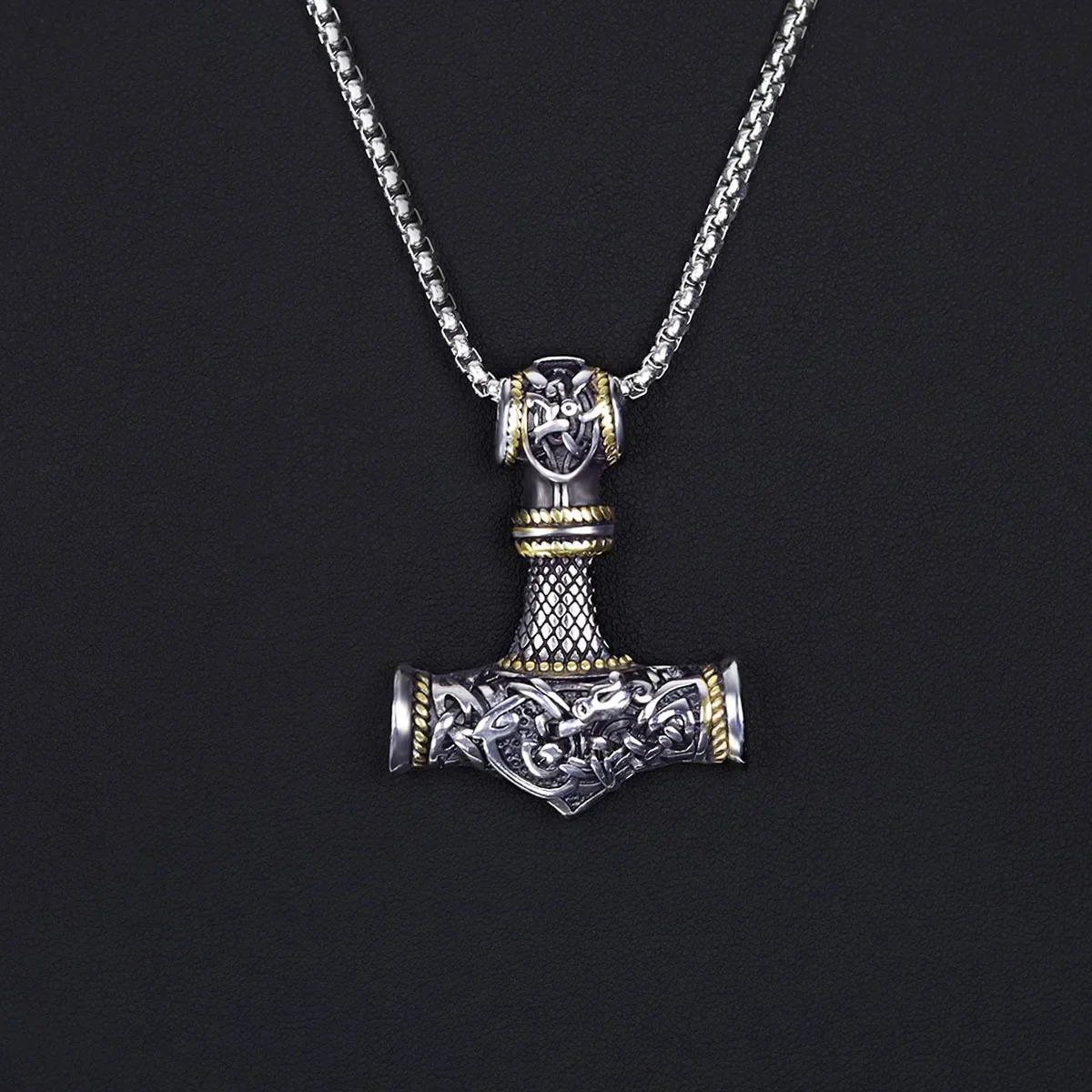 Viking Hammer Talisman Necklace for Men, Vintage Norse Mjolnir Amulet Pendant with Sturdy Wheat Chain, Stainless Steel Jewelry