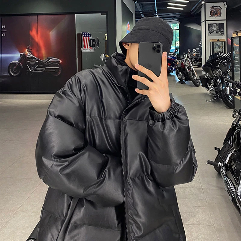 

Men's Thiened PU Leather Cotton Jaet Warm And Versatile Winter Faion Outerwear Large Size Hong Kong Sle Trendy