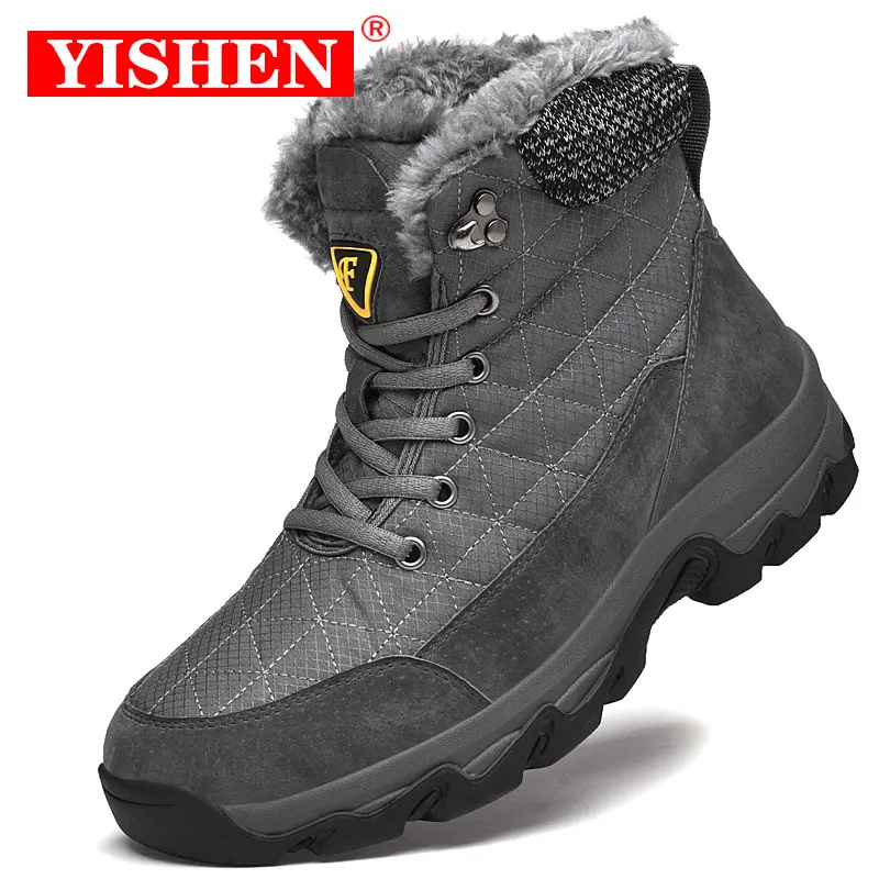 

YISHEN Winter Snow Boots Men Hiking Boots Warm Plush Climbing Walking Shoes For Men Grey Lace-up Outdoor Botas De Nieve Hombre