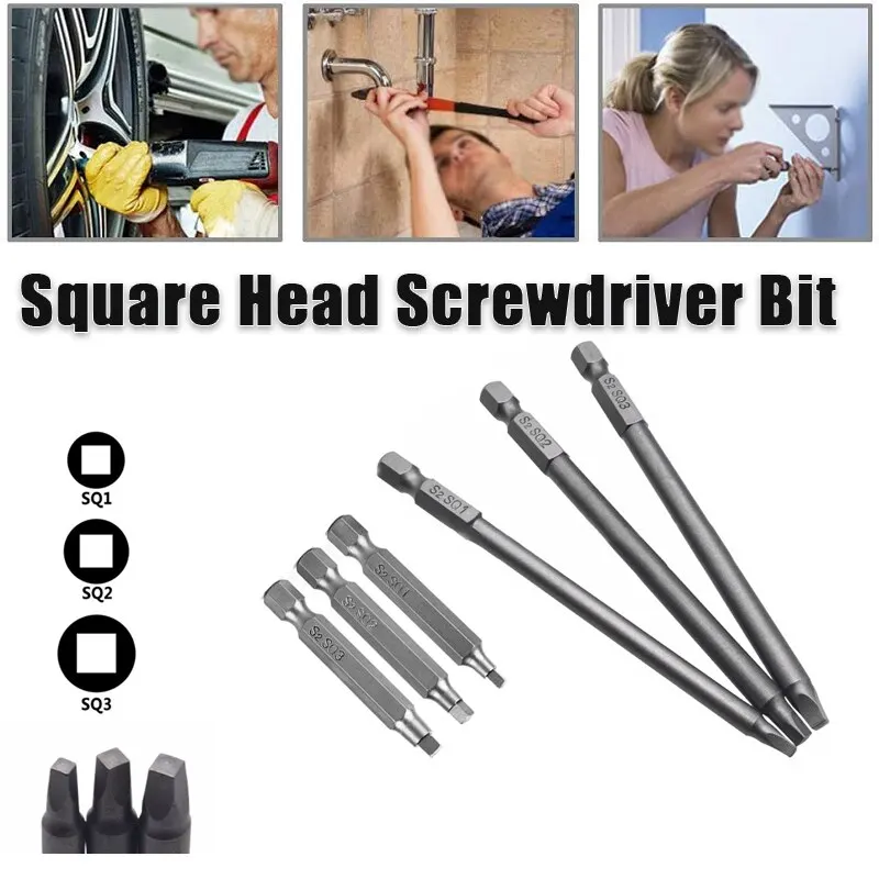 3Pcs 50mm SQ2 Square Head Driver Bit Screwdriver Bits Tool Set S2 Steel Screw Driver Bits For Repair Hand Tool Bit Kit