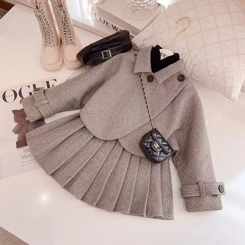 

Spring and Autumn Girls' Woolen Suit Coat Pleated Short Skirt Two-Piece Set Little Girl Cotton and Thickening Fashionable Suit