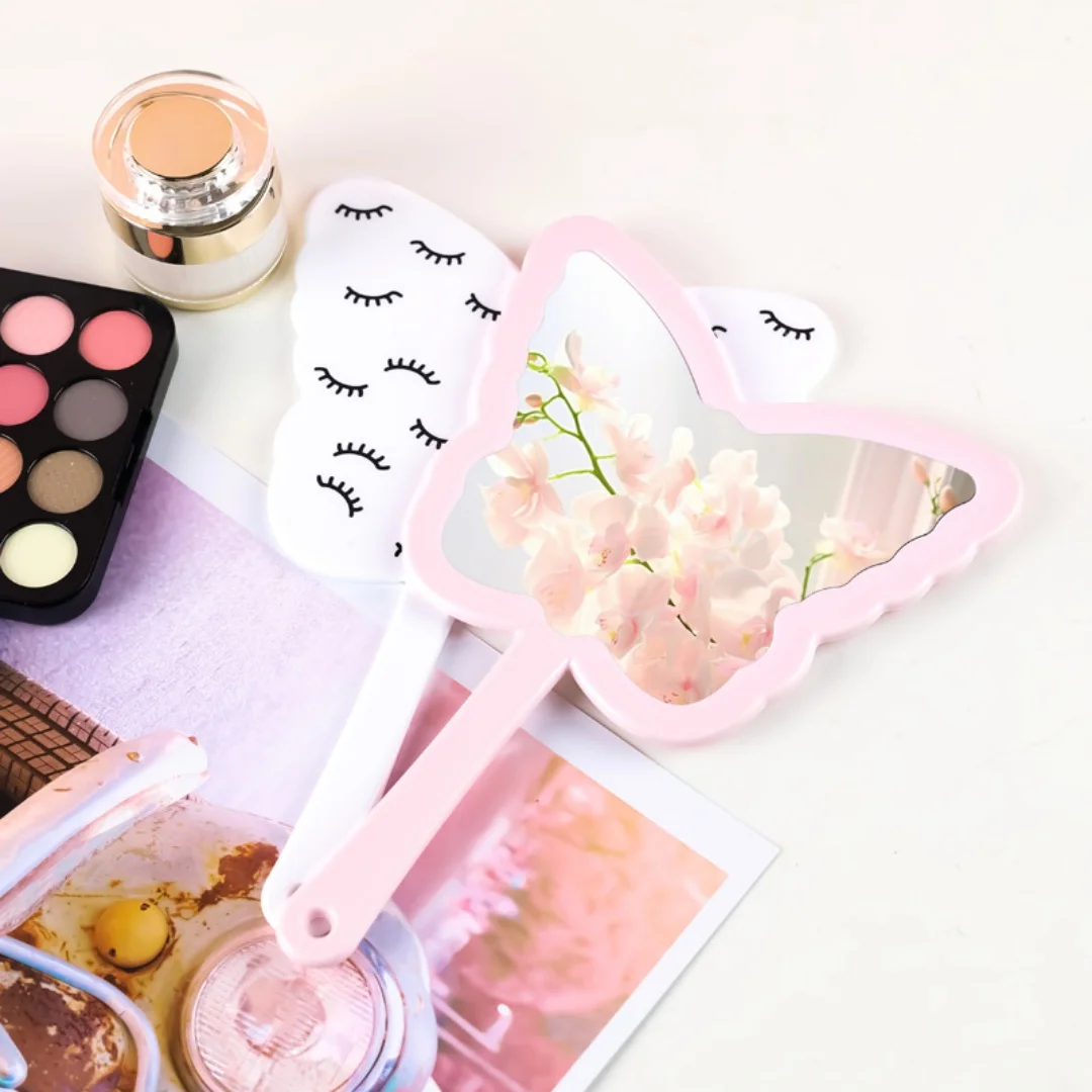 蝶の形をした手持ち鏡、高精細携帯鏡、女の子用化粧鏡、つけまつげハンドル付き鏡