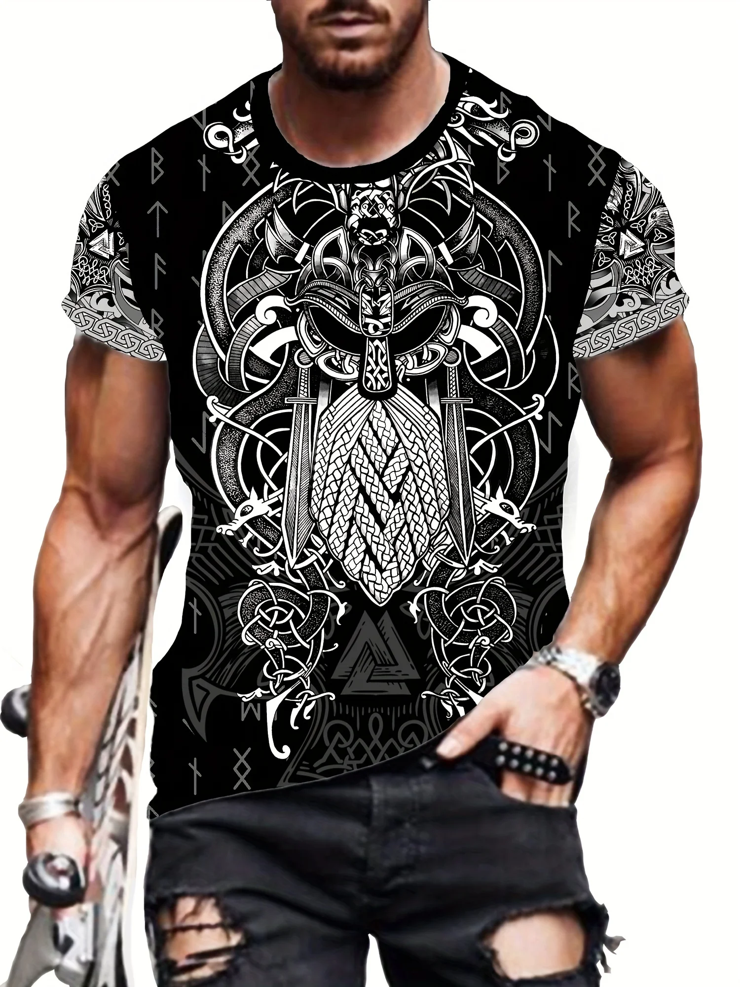 

Plus Size Men's 3D Viking Pattern Graphic Tee - Stylish & Comfortable Polyester Short Sleeve Crew Neck T-Shirt for Gym, Running