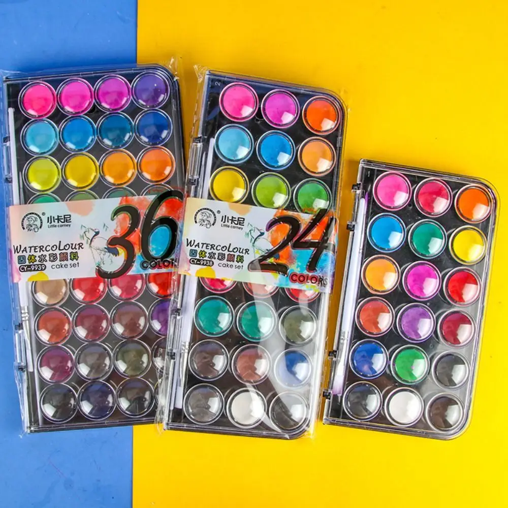 طقم طلاء بألوان مائية صلبة مع صندوق بلاستيكي ، لمعان معدني ، صبغة طلاء ، مدرسة ، 12 ، 18 ، 24 ، 36 لونًا