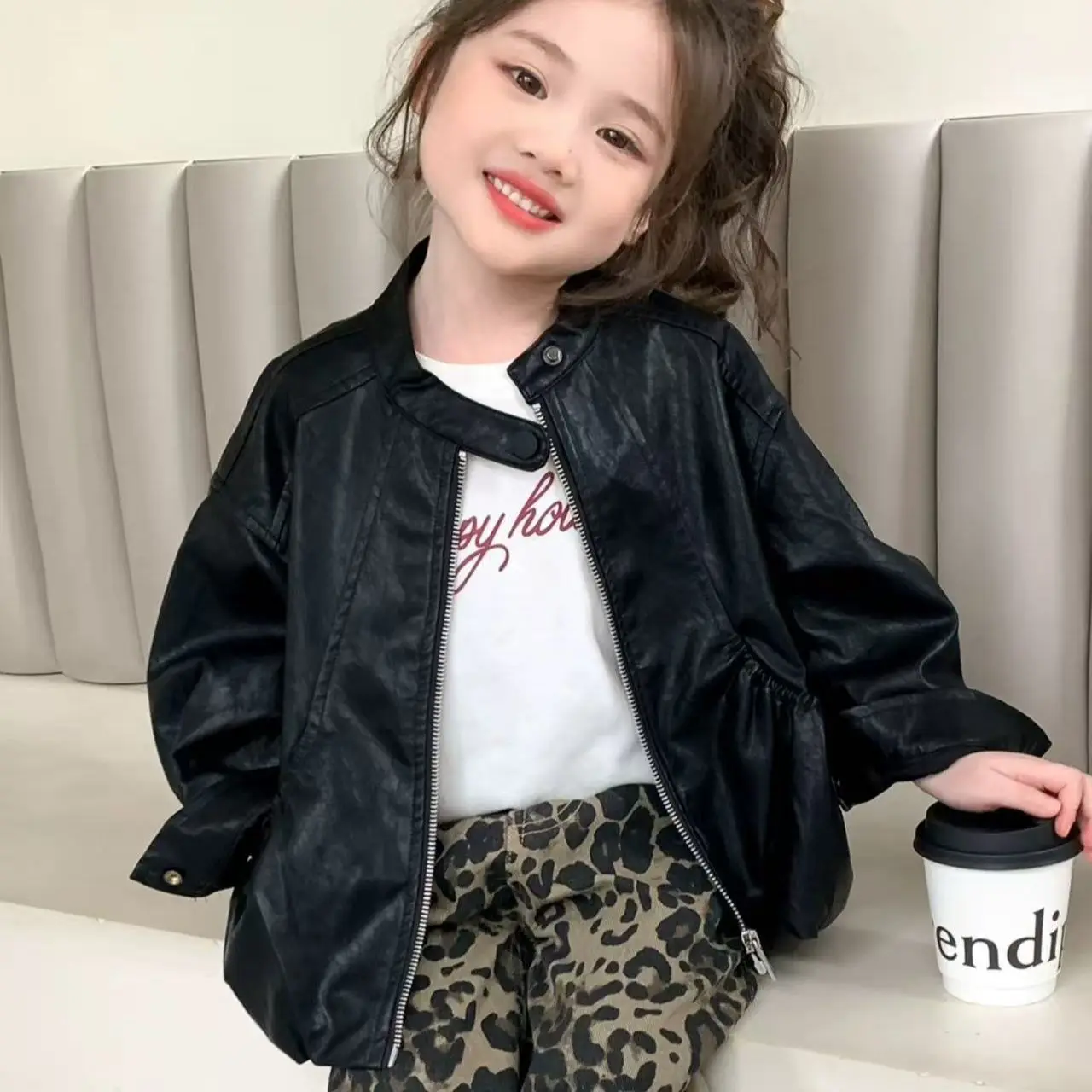 

Spring and Autumn Girls' Leather Jacket New Fashionable Children's Casual Handsome Coat