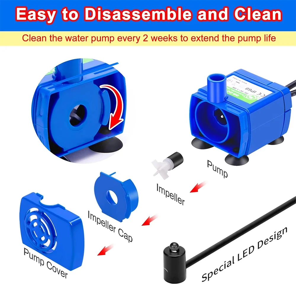 USB Wasserpumpe LED Licht Haustier Katze Wasser Brunnen Motor Ersatz für Katze Blumen Trinknapf Spender Haustier Zubehör – Detail 8