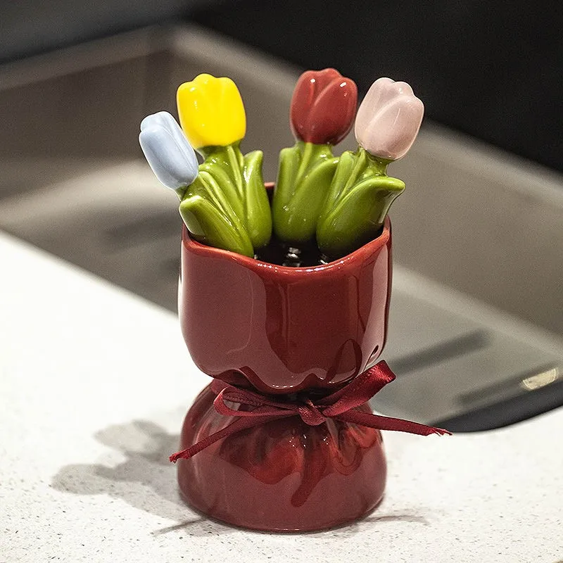 

Cute Tableware Exquisite Fruit Fork Household Flower Tulip Shaped Dessert Fork Ceramic 304 Stainless Steel Fruit Fork 4PCS ZI93