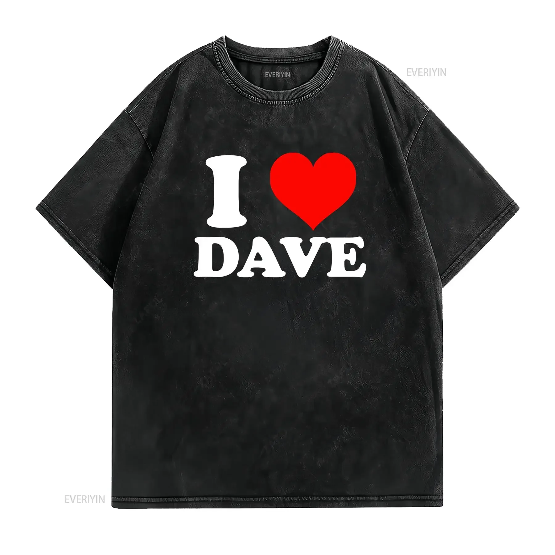 I Heart Dave T Shirt Zwart Casual Losse Pasvorm Ronde Hals met Dikke Witte Tekst Rood Design Wasmachinebestendig Novelty