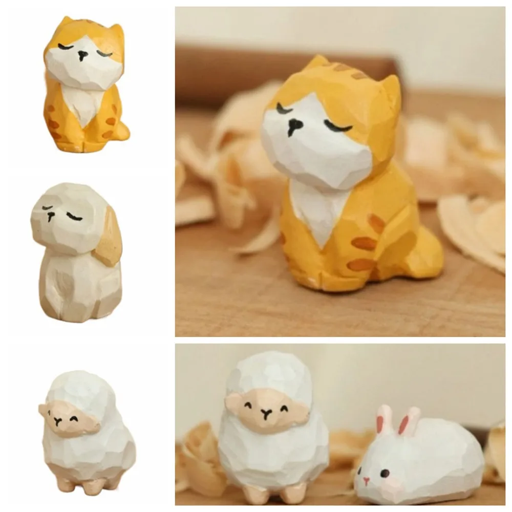 

Small Gifts Wooden Carving Cat Ornament Dog Crafts Animals Ornament Small Handmade Small Rabbit Model Desk Decor