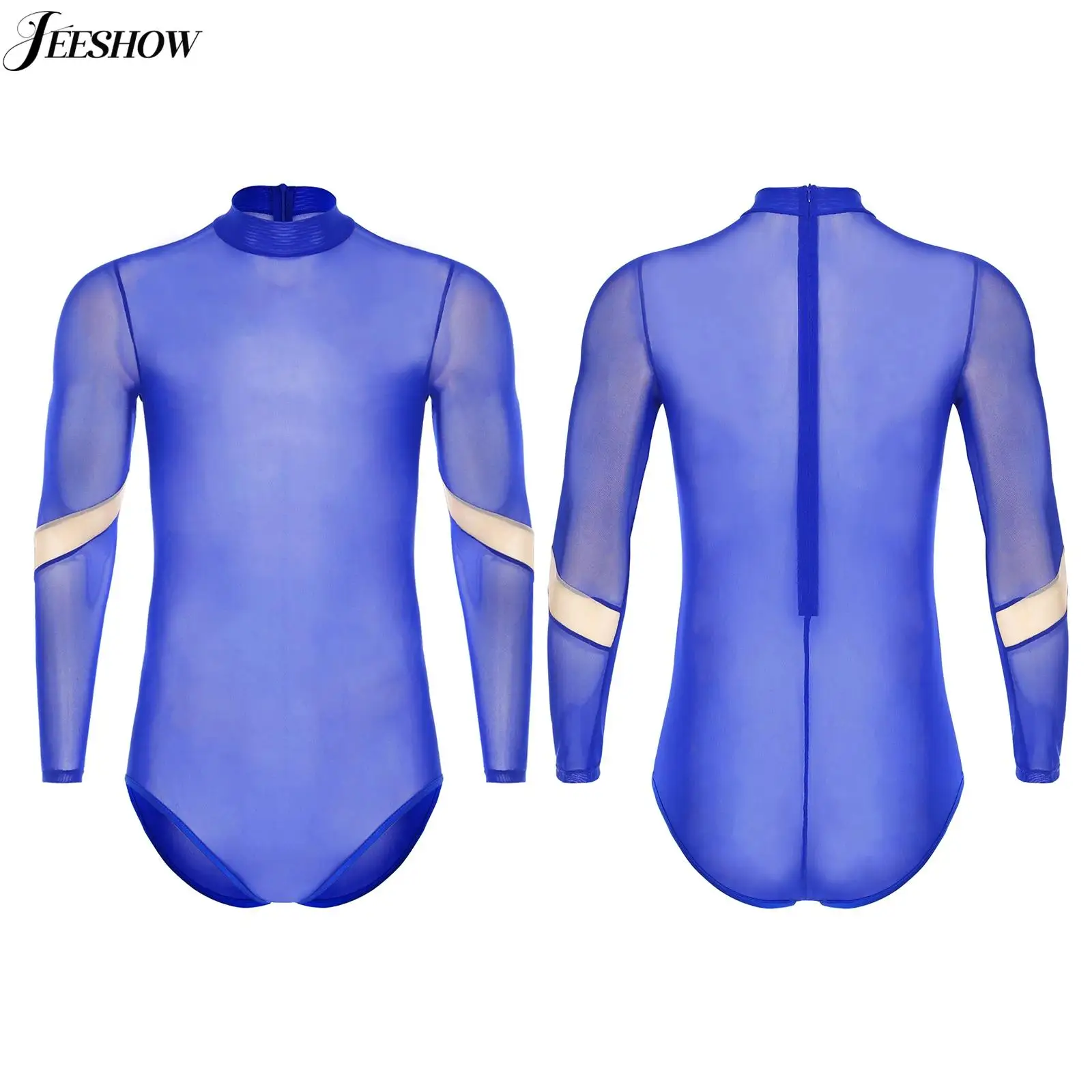 

Mens Sheer Mesh Long Sleeve Leotard Contarst Color See Through Back Invisible Zipper High Cut Bodysuit Night Club Wear Jumpsuits