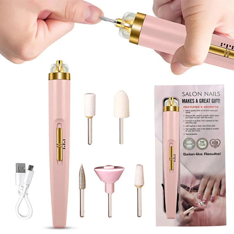 5 in 1 elektrische nagellak boormachine met licht draagbaar mini elektrische manicure kunst pen gereedschap voor gelverwijderaar