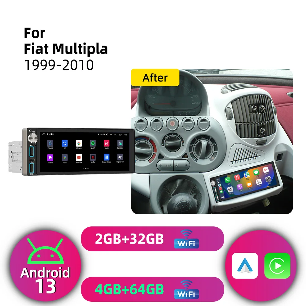 1Din 6.86 inch Screen Android Car Stereo Carplay GPS Car Multimedia Autoradio Radio Head Unit for Fiat Multipla 1999-2010