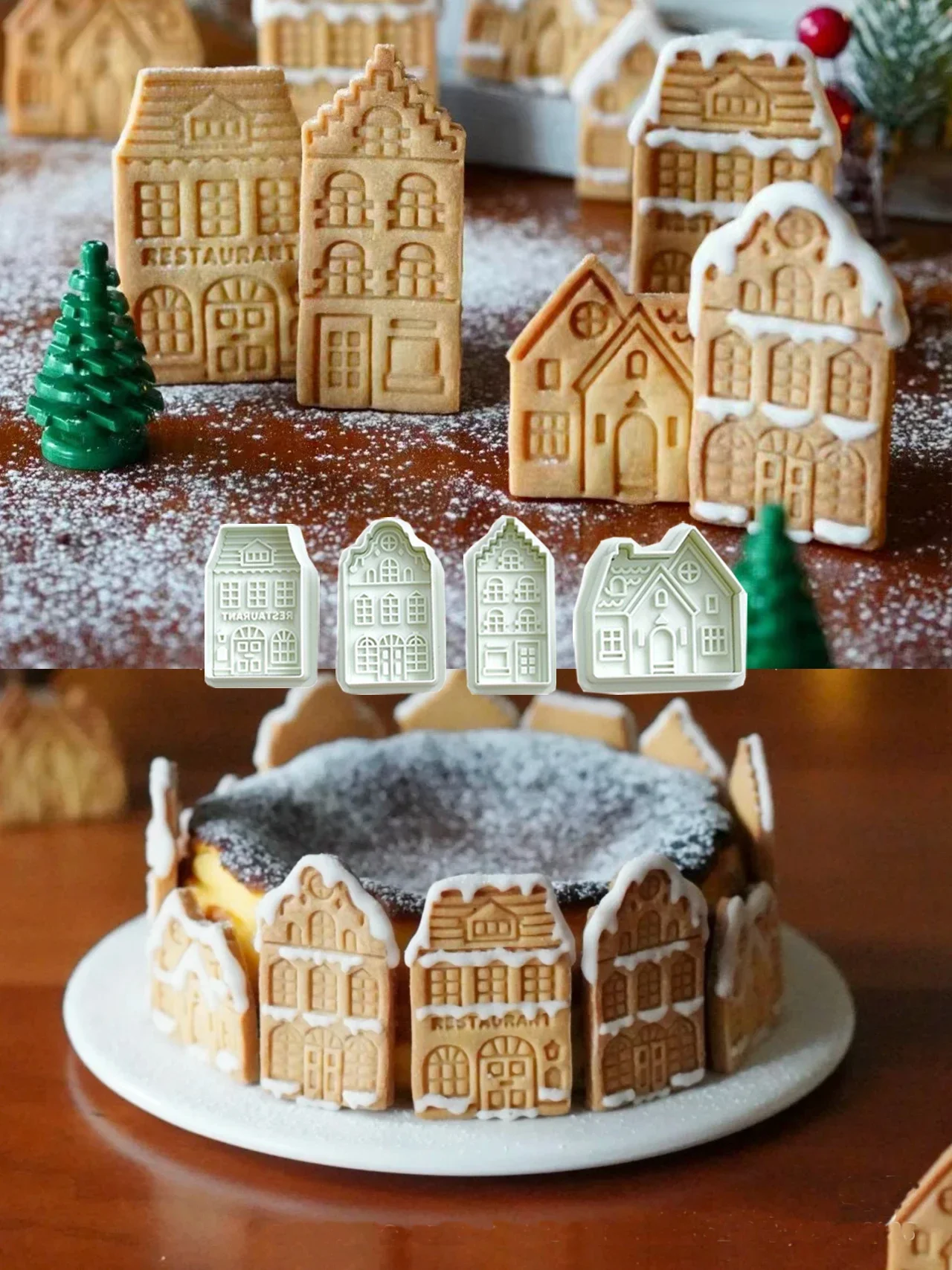 4Pcs Christmas Gingerbread House Pattern Cookie Cutter Biscuit Stamp Fondant Cake Decoration Baking Accessories Kitchen Gadgets