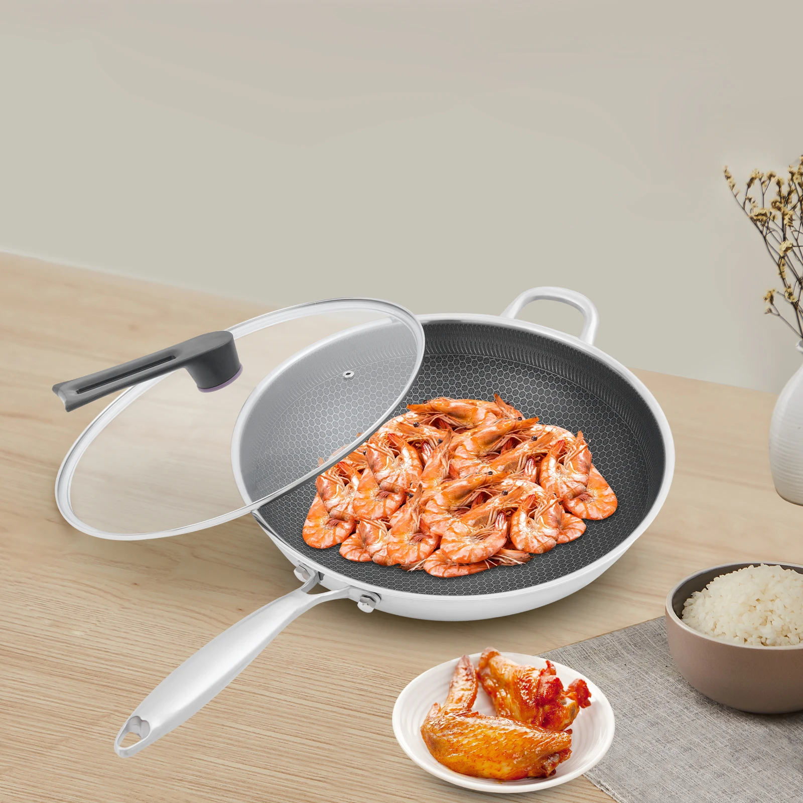 

Stainless Steel Wok, Nonstick Frying Pan with Lid, Induction Bottom Skillet, SUS316 Cookware Stir Fry Pan for Gas Electric Stove