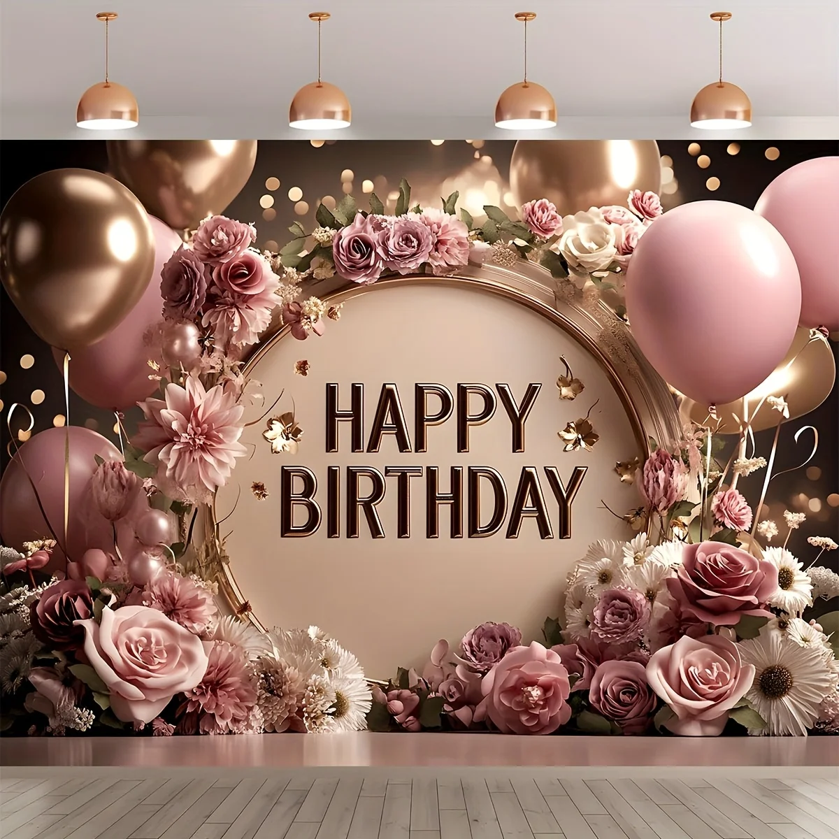 

Elegant Flower Birthday Happy Background Banner with Gold accents - Reusable for indoor and outdoor celebrations