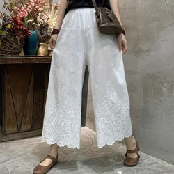 Women's 2024 New Fashion Solid Color Hollow Pure Cotton Embroidered Wide Legged Loose and Retro Nine Split Straight Leg Pants