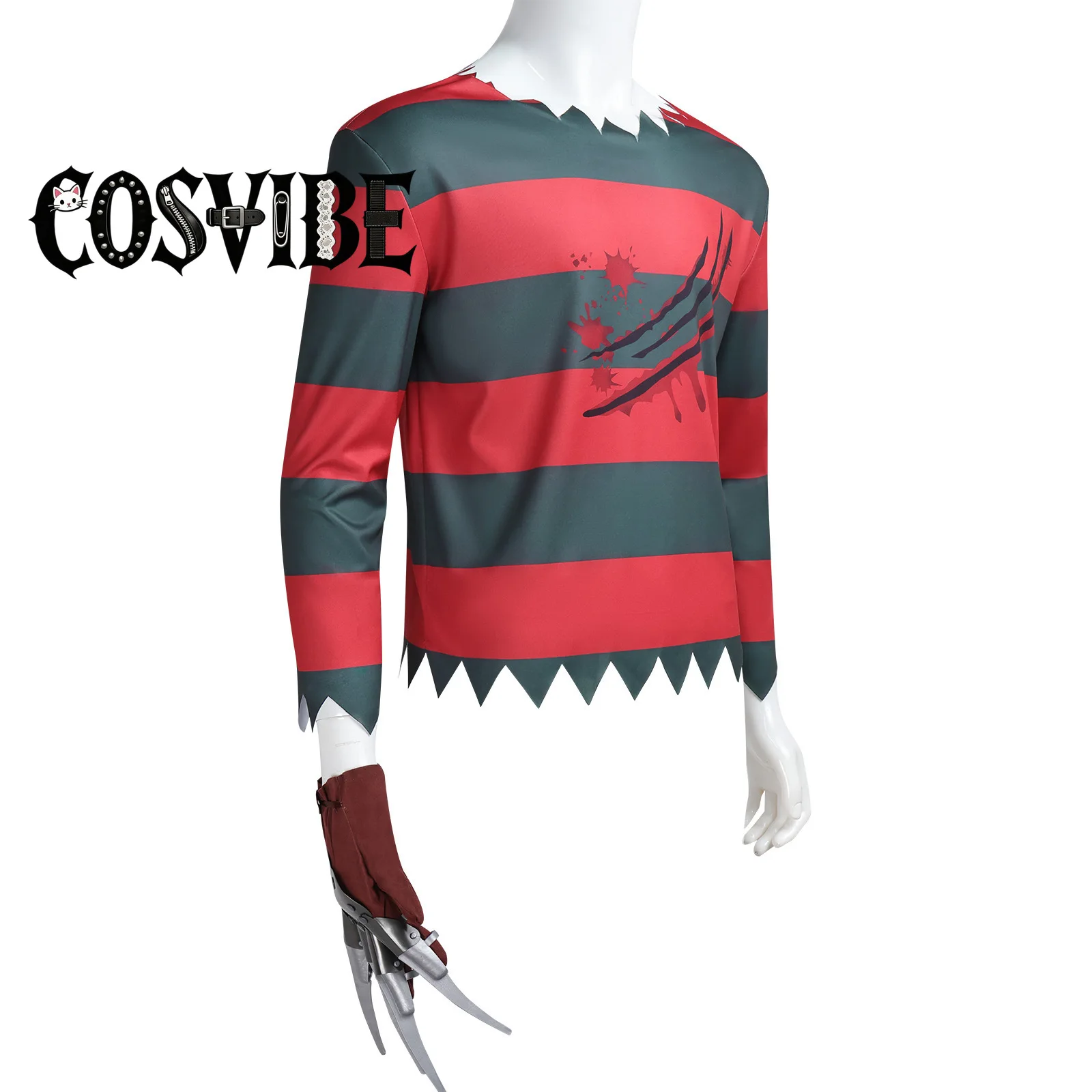 Freddy Krueger Cosplay - Adults Halloween Costume Red Black Stripes Top with Hat & Gloves with Sharp Claws - view 4
