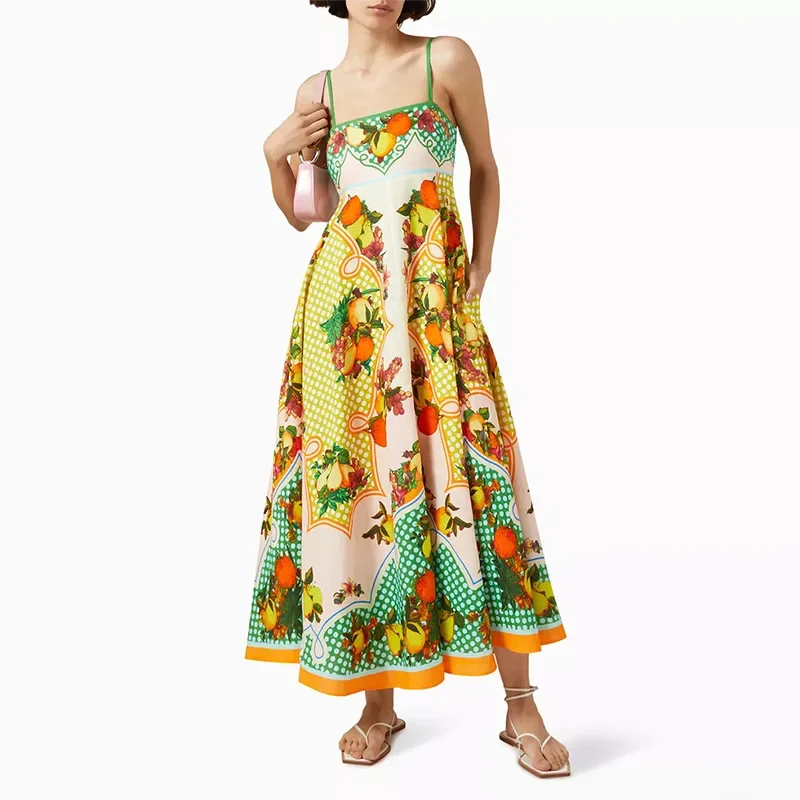 

TIFICY Bohemian Style Camisole Long Dress Women's New Style Temperament Design Sense Printed High Waist Slimming Long Dress