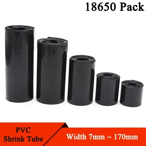 Paquete de tubos termorretráctiles de PVC para batería Lipo 18650, color negro, 7mm ~ 170mm de ancho, envoltura de película aislada, funda de litio, 1 metro