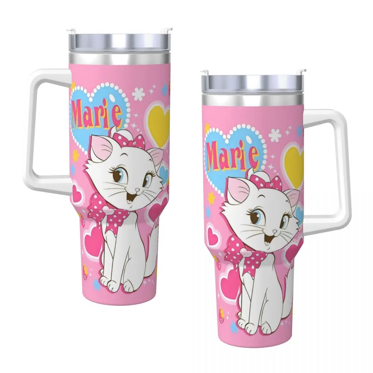 Marie Cat Cartoon Stainless Steel Tumbler Camping Thermal Mug With Straws and Lid 40oz Car Mugs Cold Drink Water Bottle