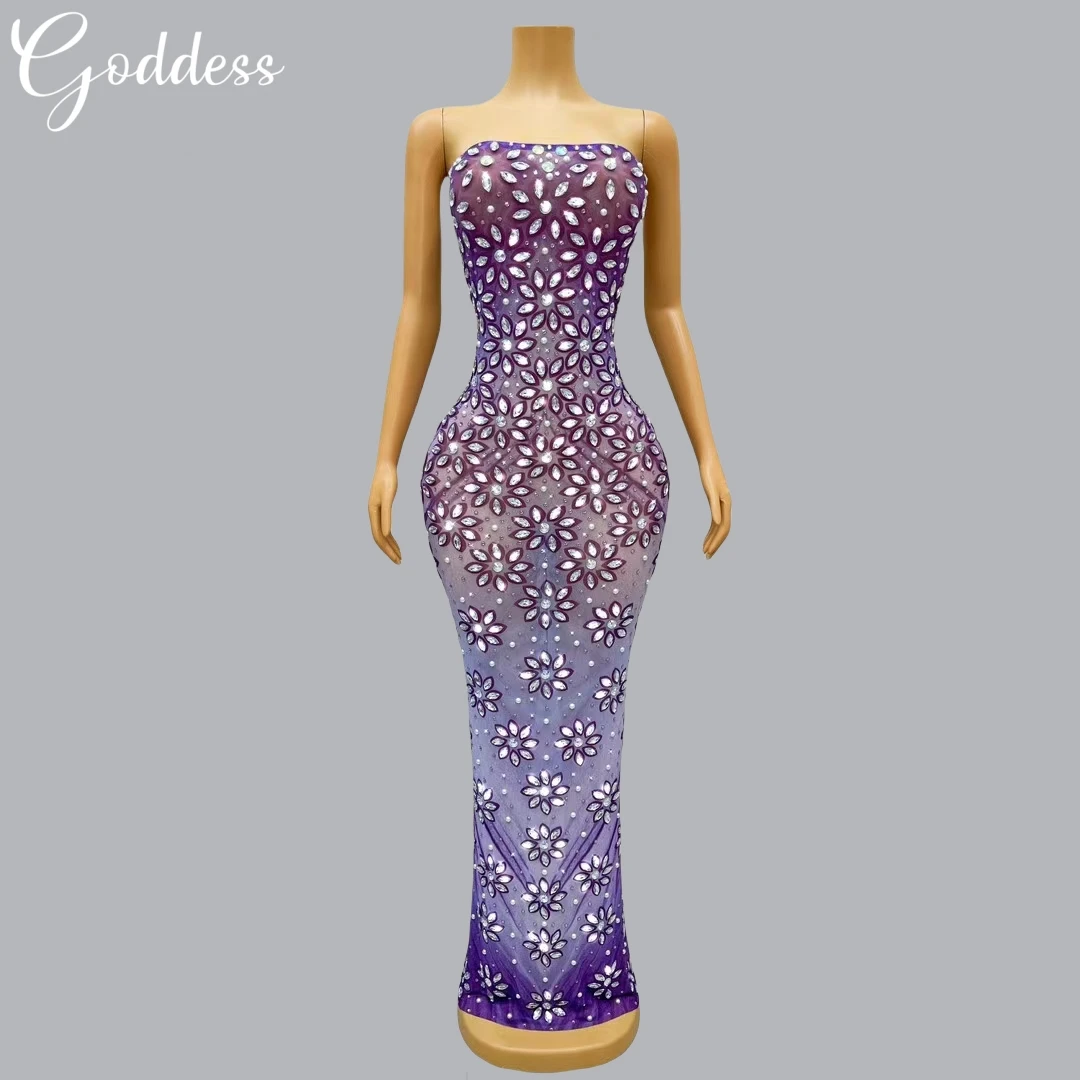 

Sparkly Rhinestone Purple Dress Cocktail Party Strapless Evening Gown for Women Chic Dress Birthday Celebrate Sexy Ball Dress